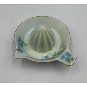 VTG LEMON ORANGE JUICER HAND‎ PAINTED Blue Flowers Green Leaves CERAMIC SIGNED